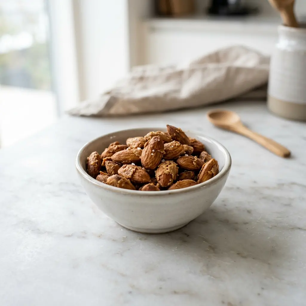Amandes à la sauce soja présenté dans un bol comme sauce ou accompagnement