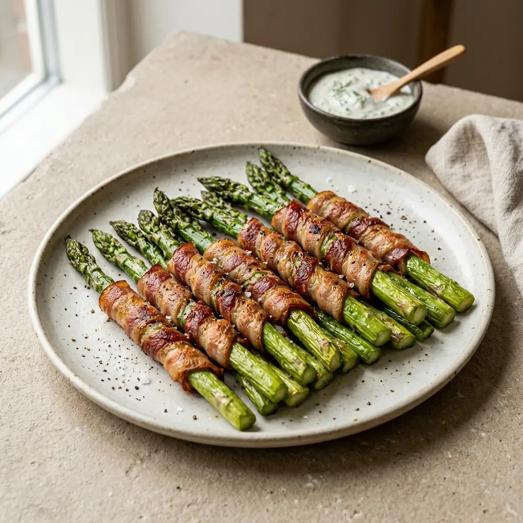 Asperges enroulées de bacon prêt à servir comme plat maison