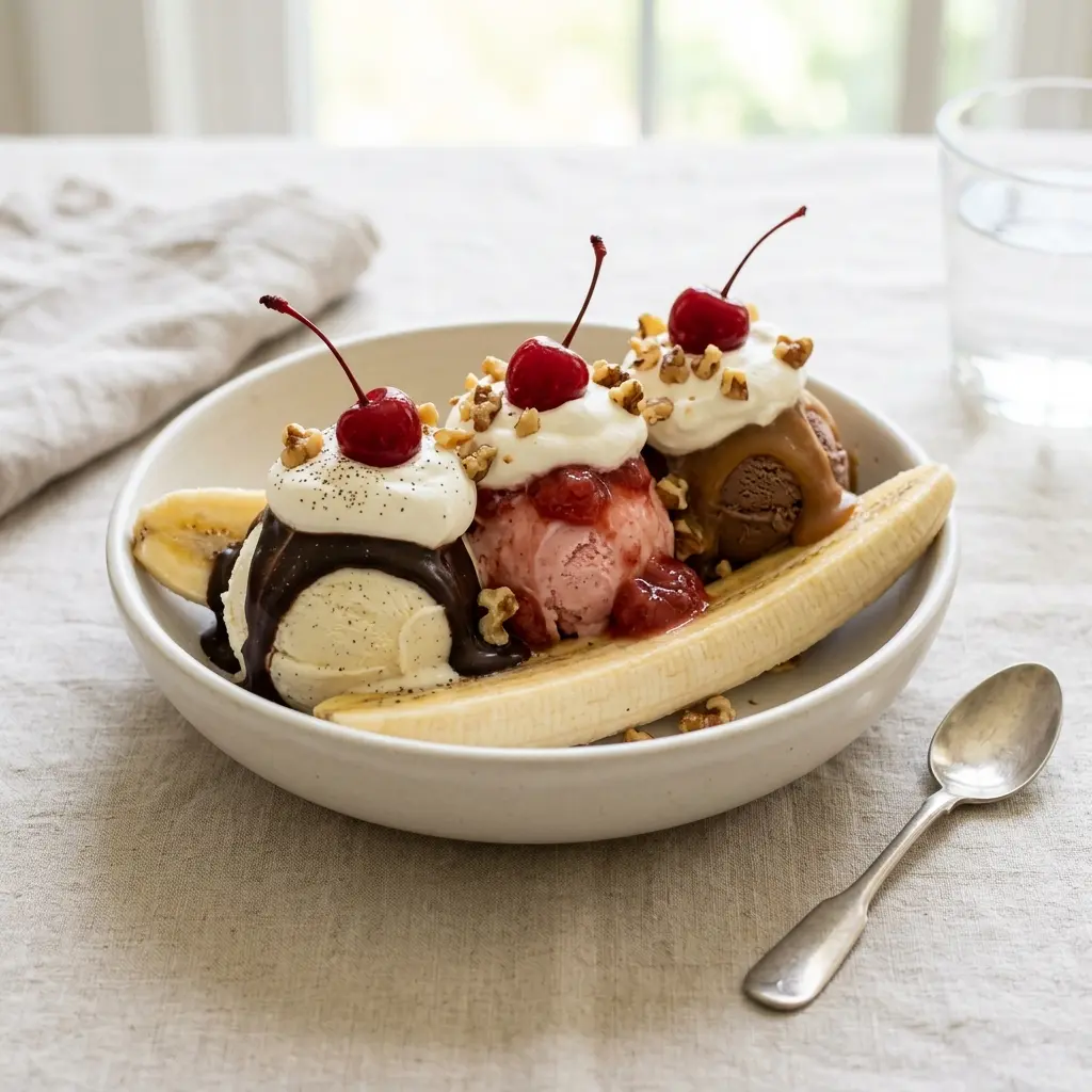 Banana split prêt à servir comme plat maison
