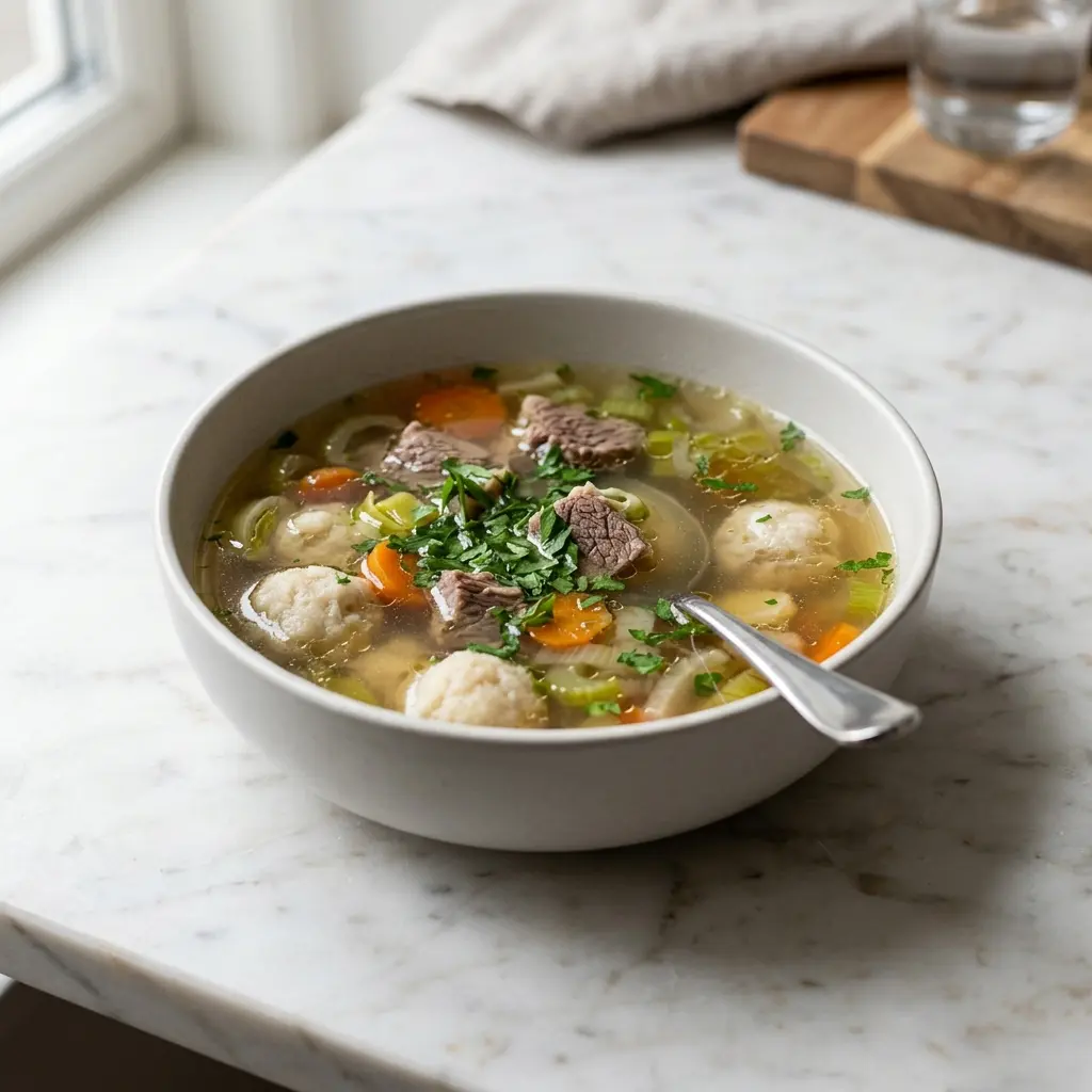 Bouillon clair au bœuf servi chaud dans un bol