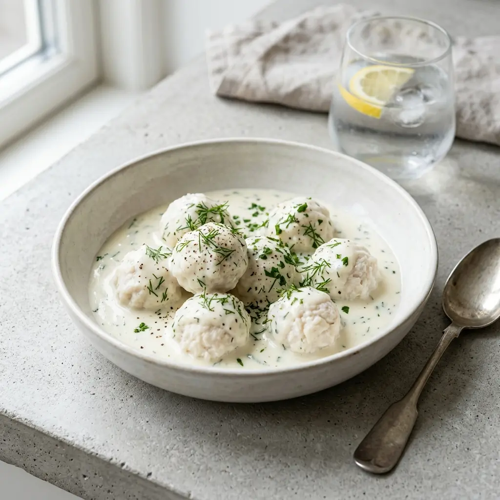 Boulettes de poisson à la sauce blanche présenté dans un bol comme sauce ou accompagnement