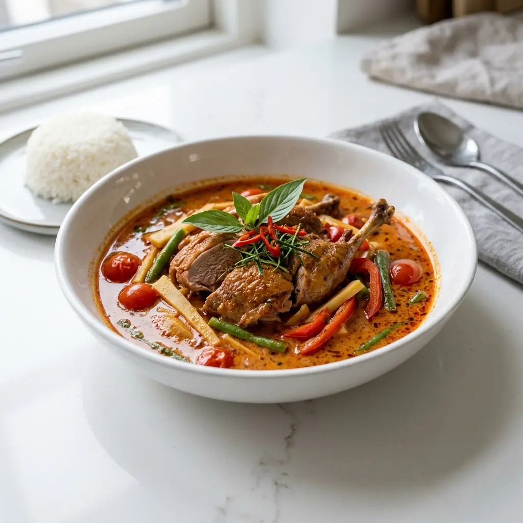 Canard au curry rouge prêt à servir comme plat maison