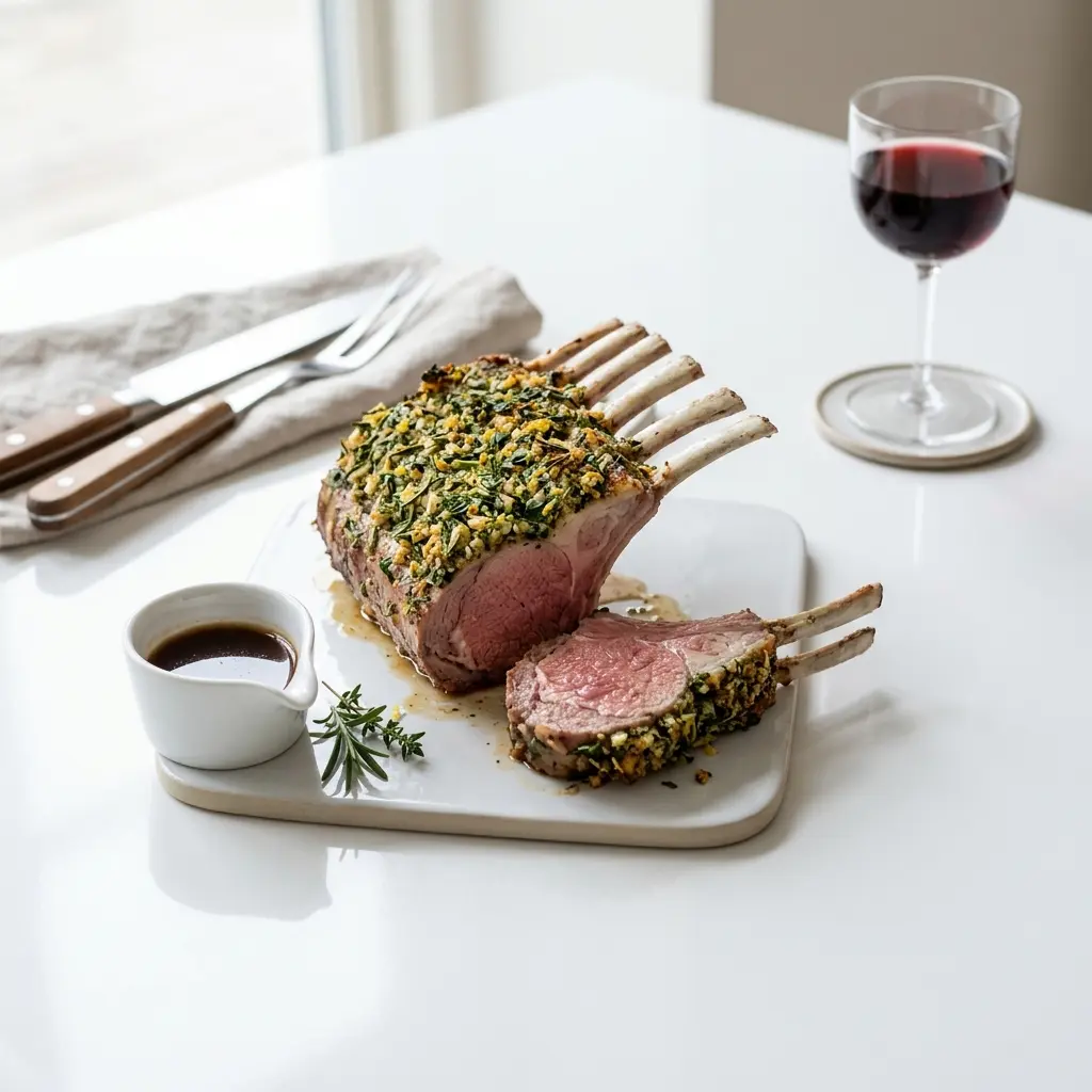 Carré d’agneau aux herbes prêt à servir comme plat maison