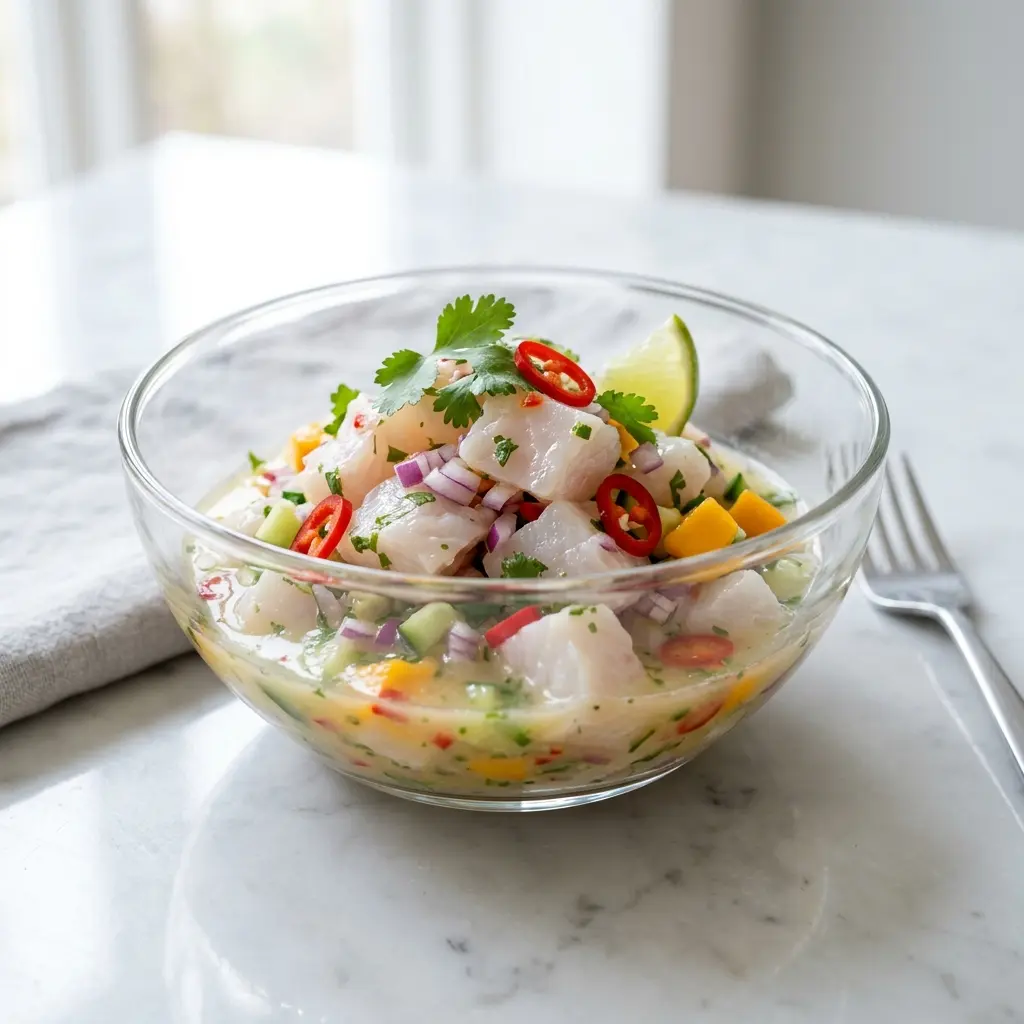Ceviche au cabillaud prêt à servir comme plat maison