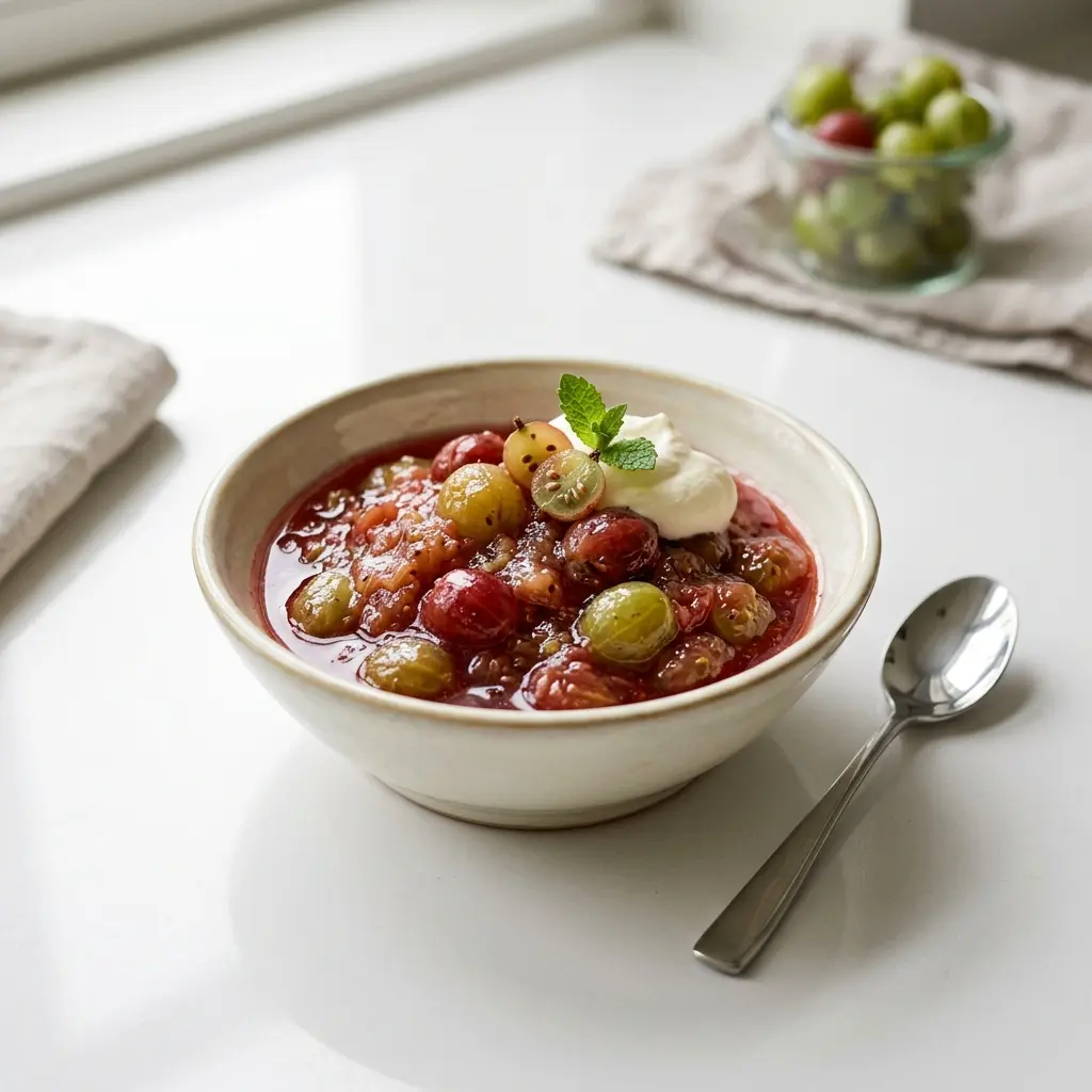 Compote de groseilles à maquereau prêt à servir comme dessert ou pâtisserie maison
