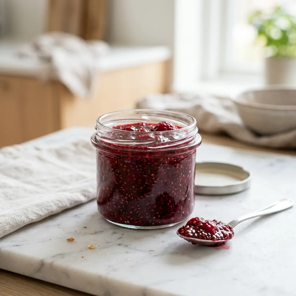Confiture aux graines de chia prêt à servir comme dessert ou pâtisserie maison