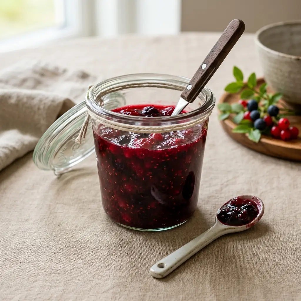 Confiture de fruits des bois prêt à servir comme dessert ou pâtisserie maison