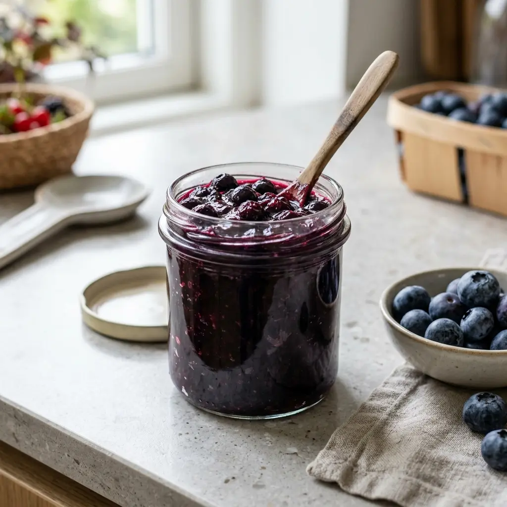 Confiture de myrtilles prêt à servir comme dessert ou pâtisserie maison