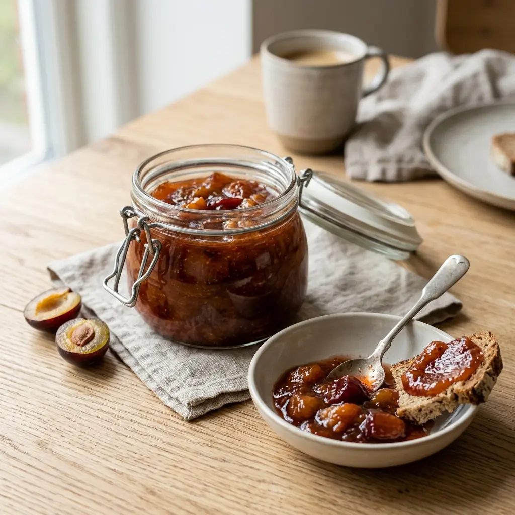 Confiture de prunes maison prêt à servir comme dessert ou pâtisserie maison