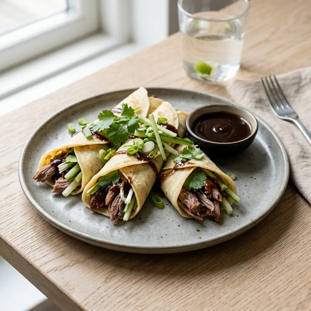 Crêpes au canard et sauce hoisin prêt à servir comme dessert ou pâtisserie maison