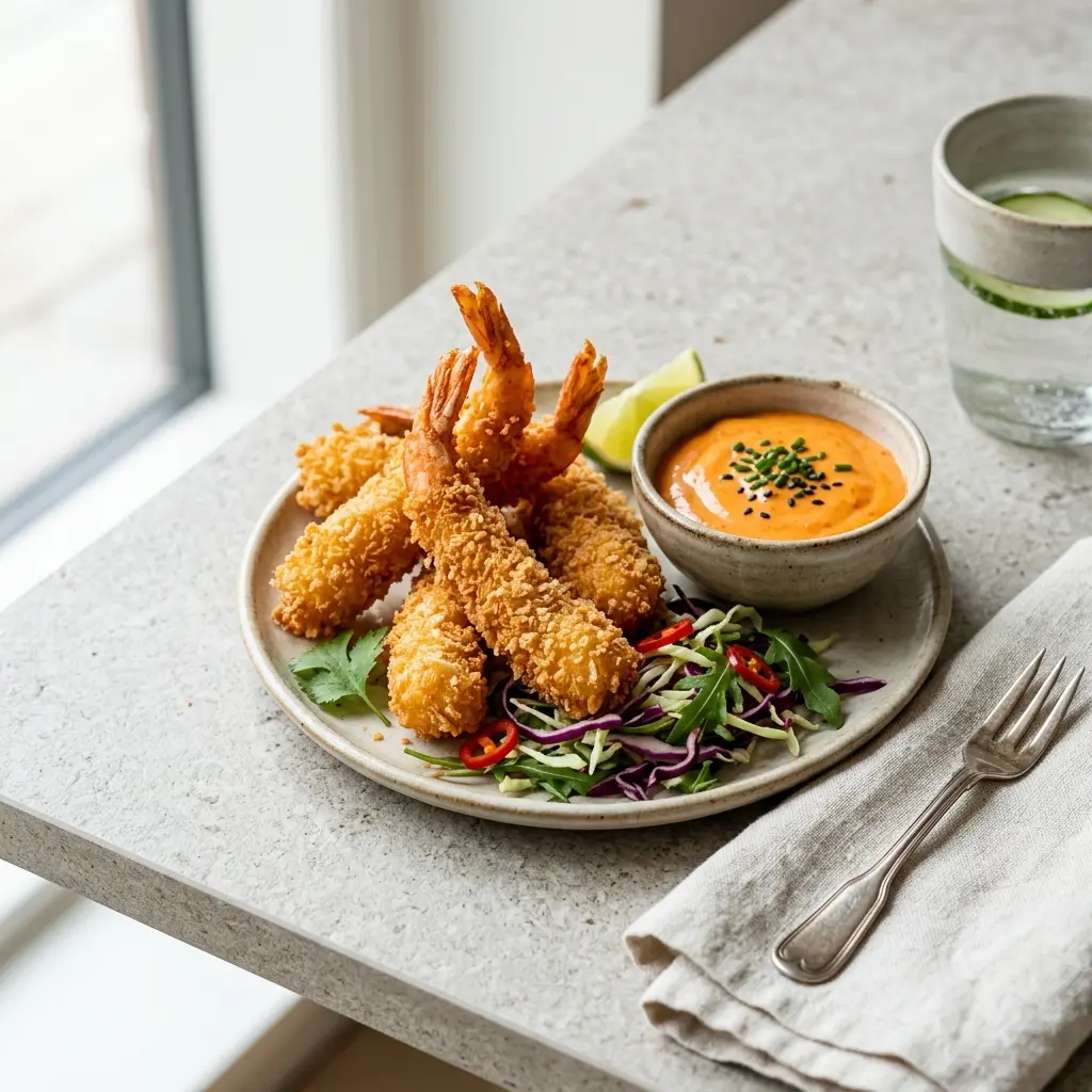 Crevettes panko à la mayonnaise pimentée présenté dans un bol comme sauce ou accompagnement