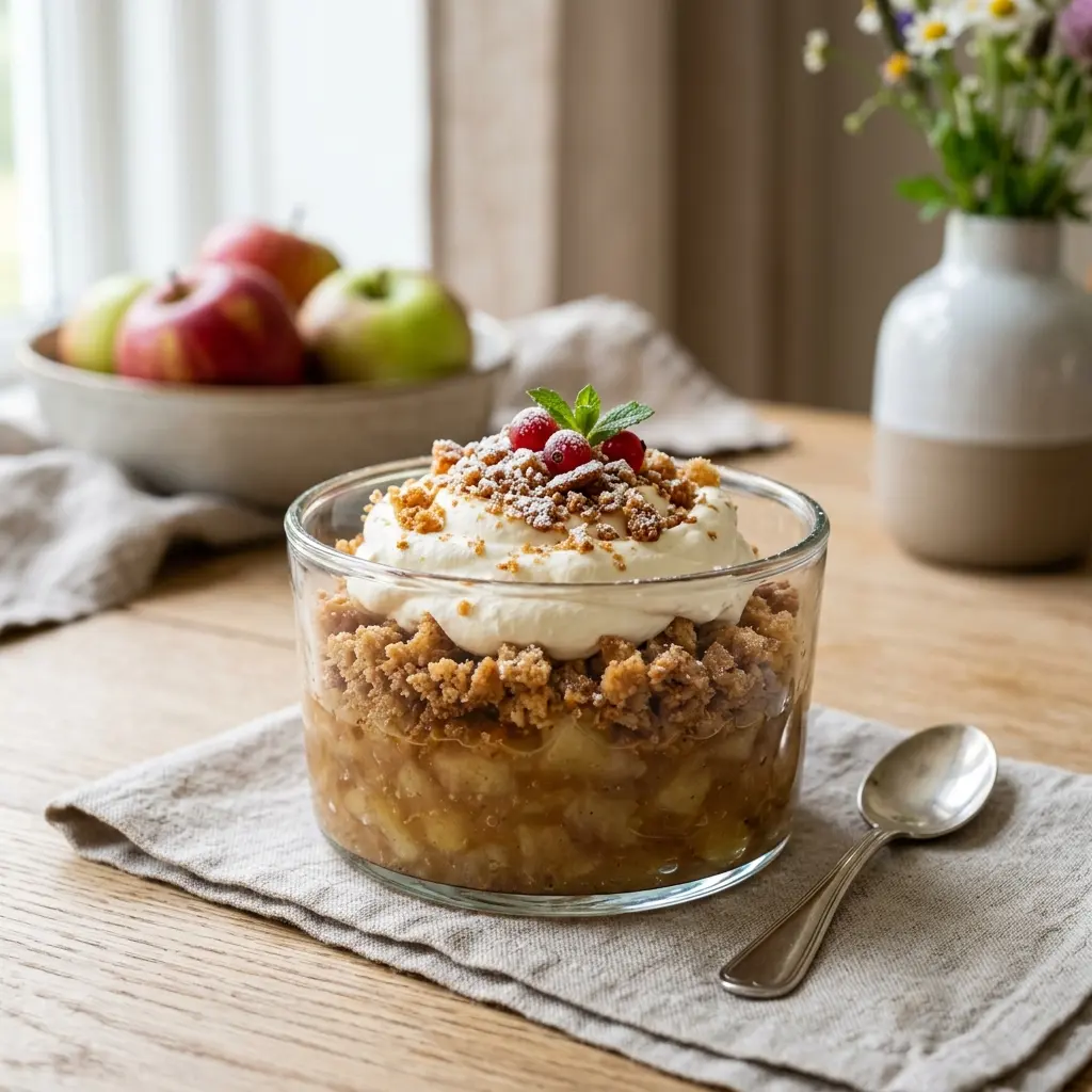 Dessert aux pommes traditionnel prêt à servir comme dessert ou pâtisserie maison