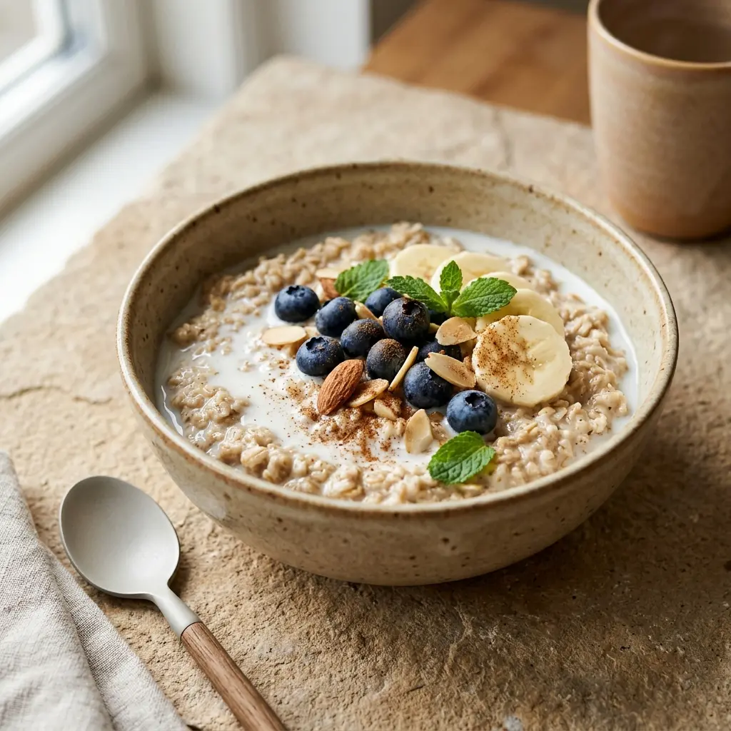 Flocons d’avoine au lait servi comme petit-déjeuner simple