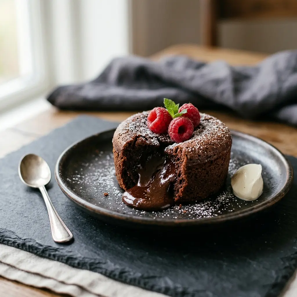 Fondant au chocolat prêt à servir comme dessert ou pâtisserie maison