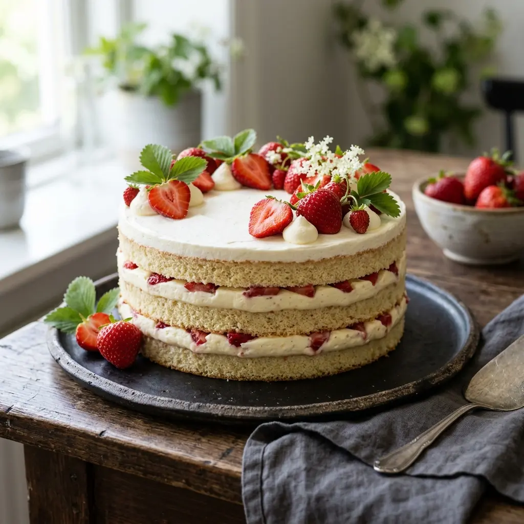 Gâteau à étages aux fraises prêt à servir comme dessert ou pâtisserie maison