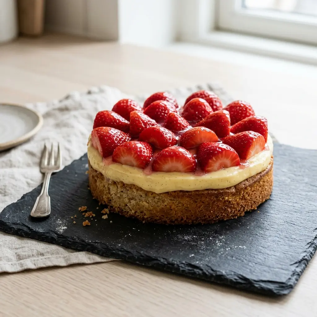 Gâteau aux fraises prêt à servir comme dessert ou pâtisserie maison