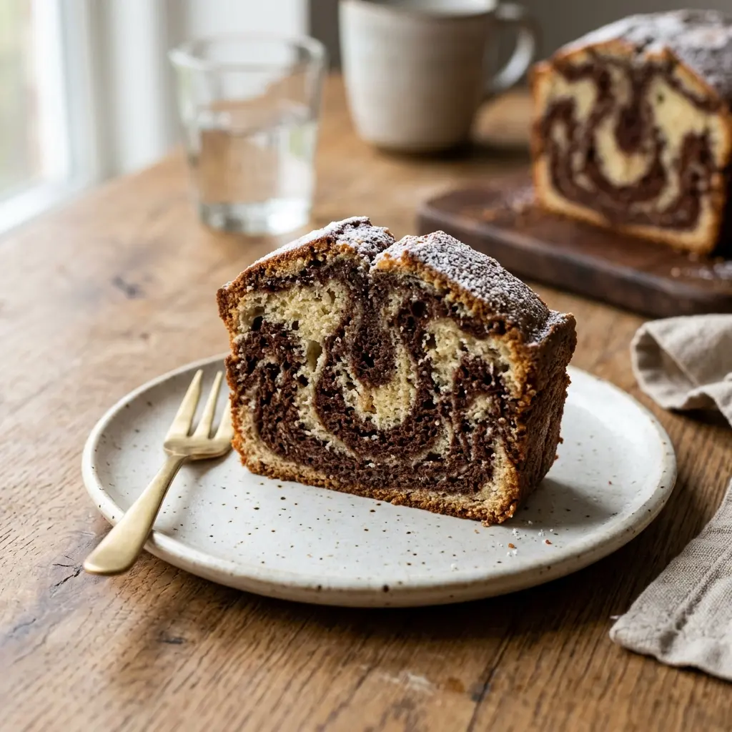 Gâteau marbré prêt à servir comme dessert ou pâtisserie maison