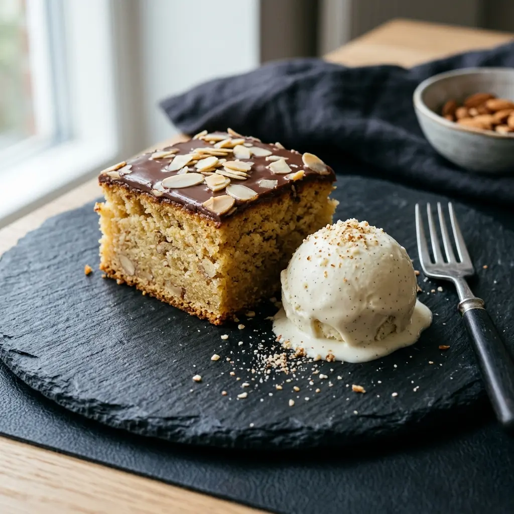 Gâteau mazarin avec glace prêt à servir comme dessert ou pâtisserie maison