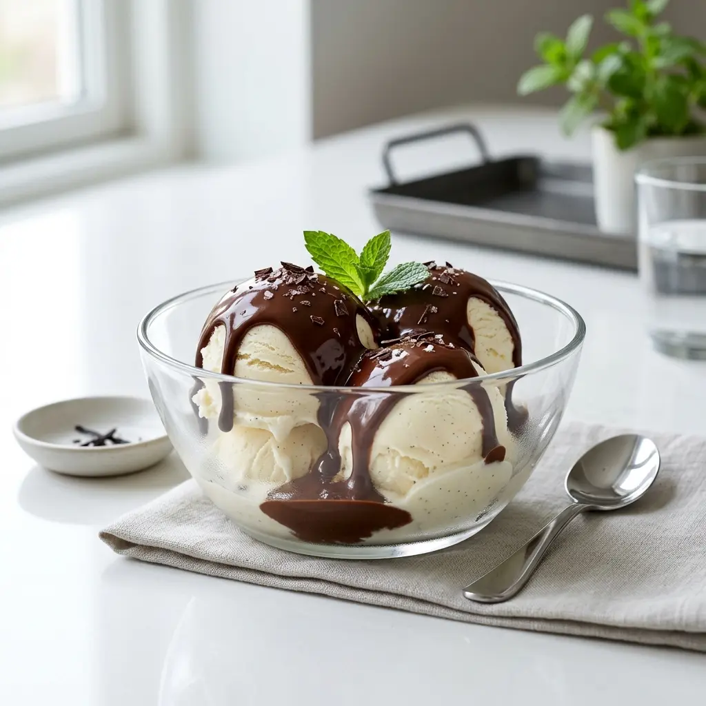 Glace à la sauce chocolat prêt à servir comme dessert ou pâtisserie maison