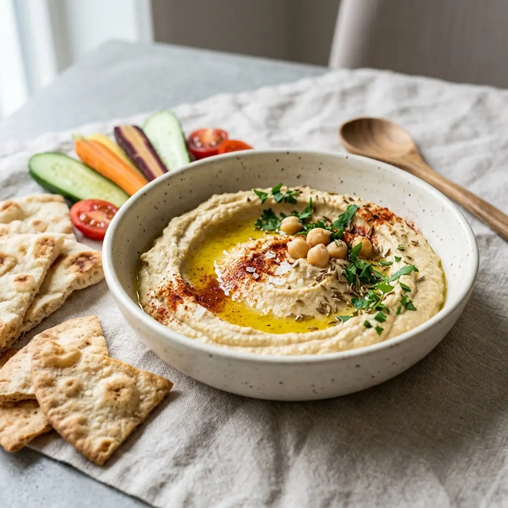 Houmous maison présenté dans un bol comme sauce ou accompagnement