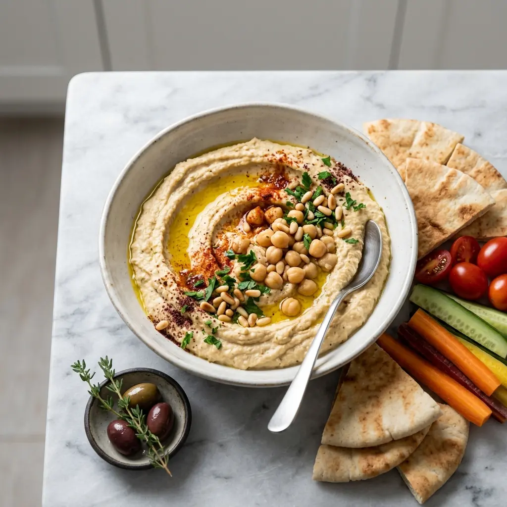 Houmous présenté dans un bol comme sauce ou accompagnement
