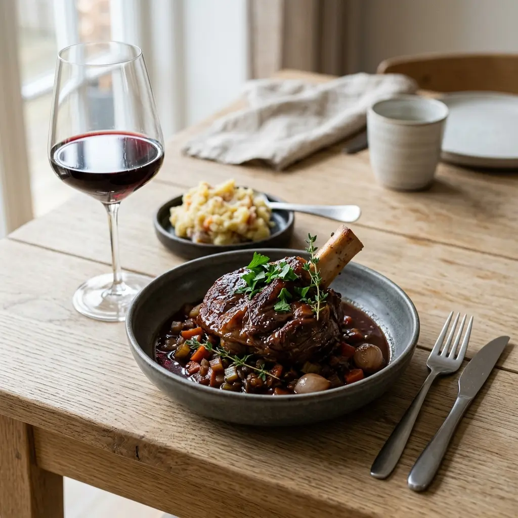 Jarret de bœuf au vin rouge prêt à servir comme plat maison
