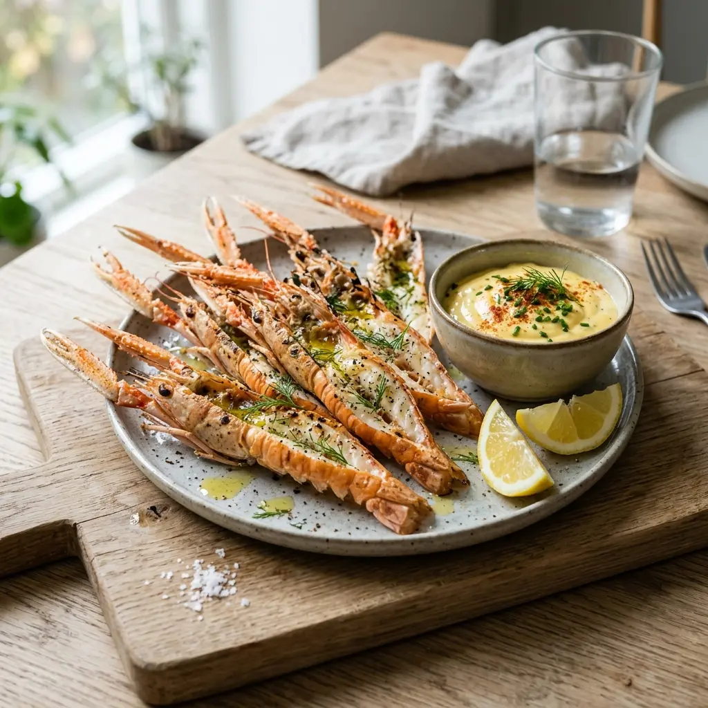Langoustines à l’aïoli présenté dans un bol comme sauce ou accompagnement