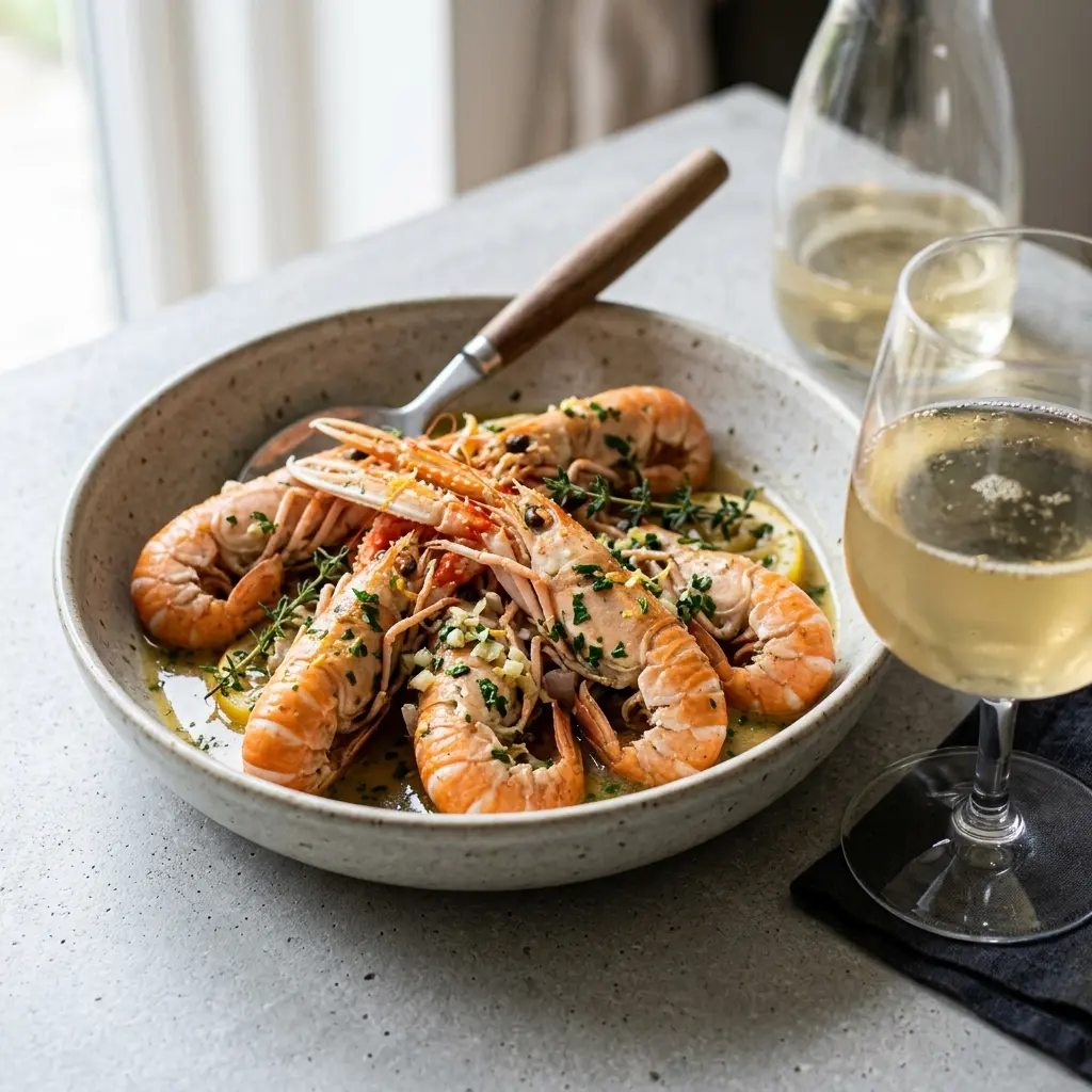 Langoustines au vin blanc prêt à servir comme plat maison