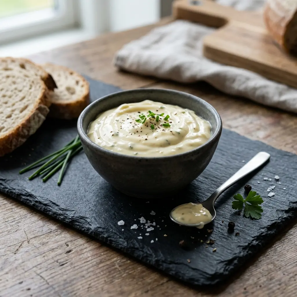 Mayonnaise à l’ail présenté dans un bol comme sauce ou accompagnement