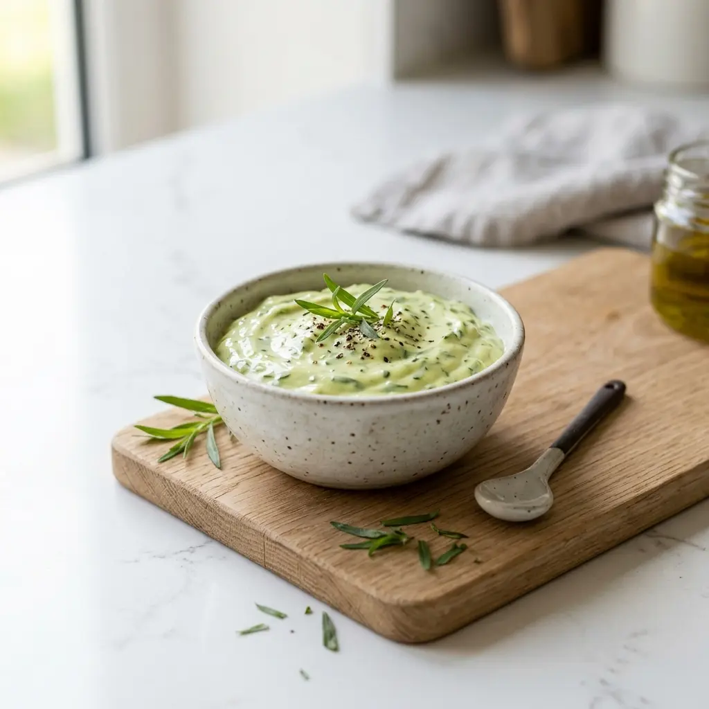 Mayonnaise à l’estragon présenté dans un bol comme sauce ou accompagnement