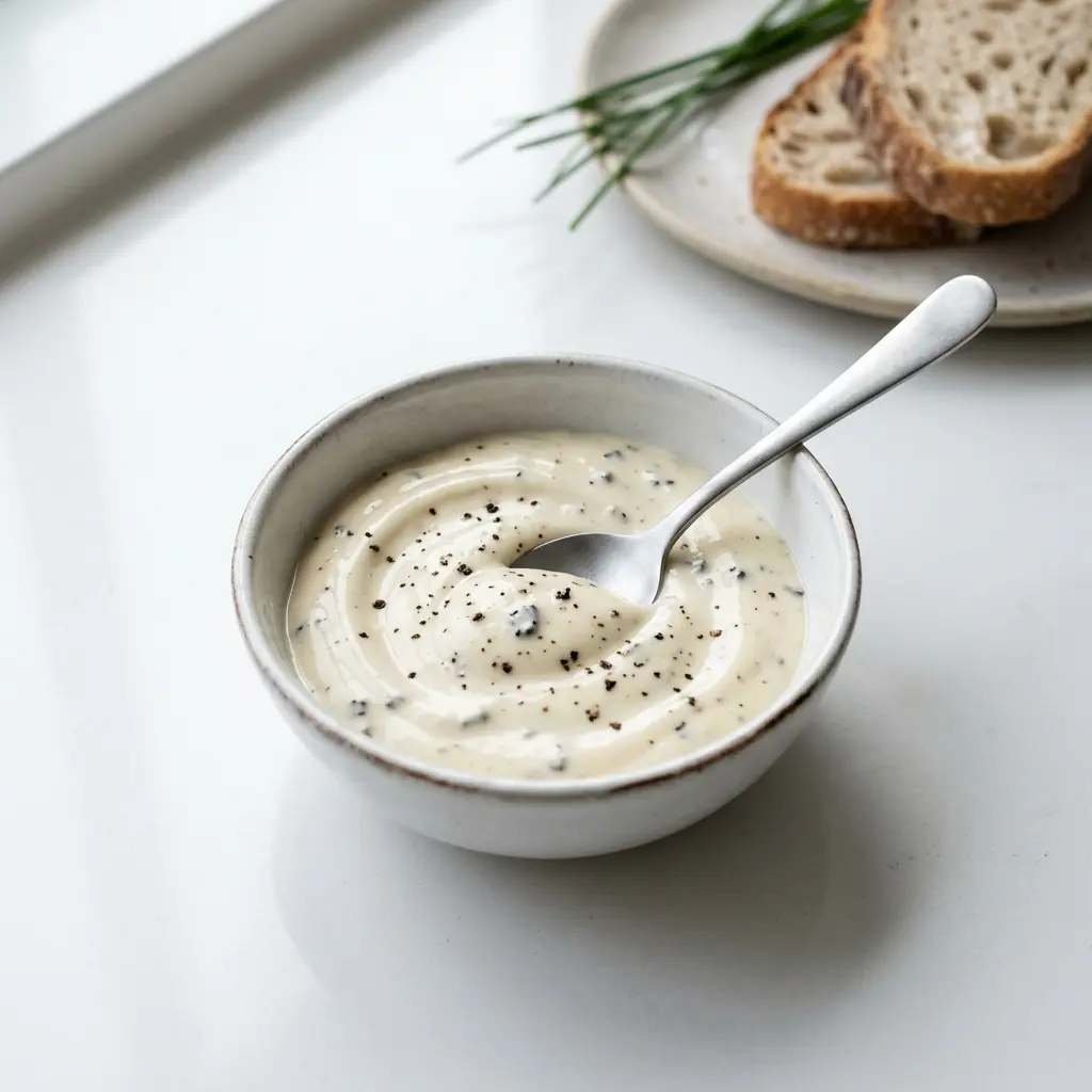 Mayonnaise à la truffe présenté dans un bol comme sauce ou accompagnement