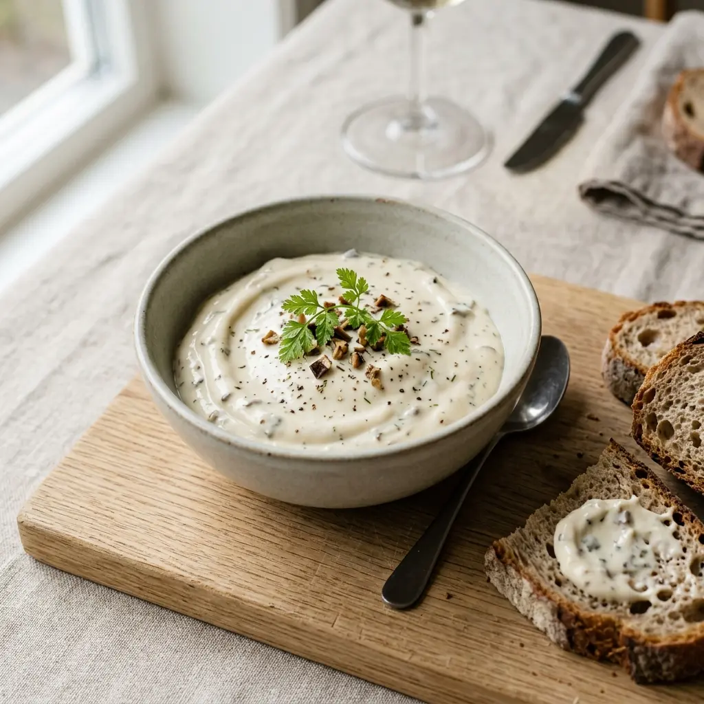 Mayonnaise aux cèpes présenté dans un bol comme sauce ou accompagnement