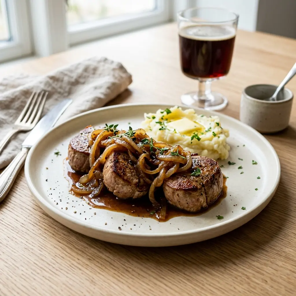 Médaillons de porc aux oignons fondants prêt à servir comme plat maison