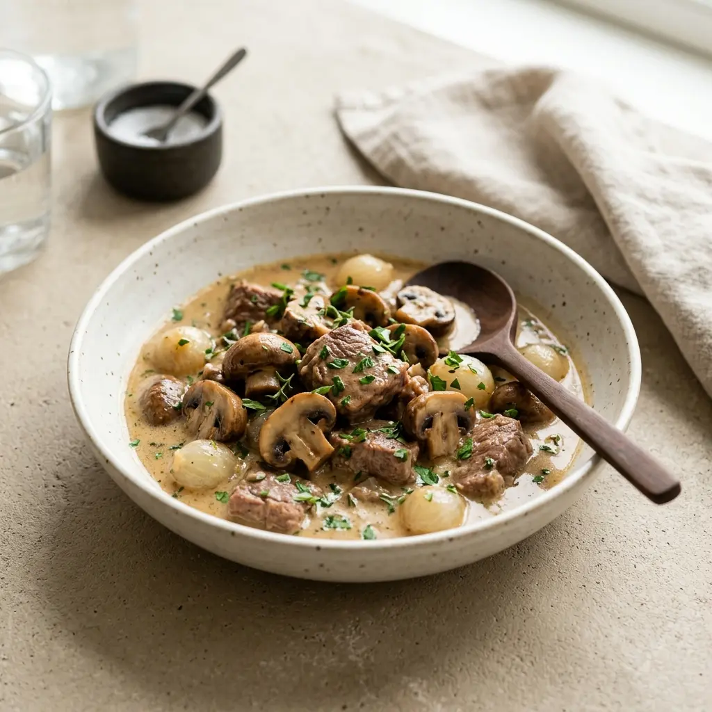 Mijoté de veau aux champignons prêt à servir comme plat maison