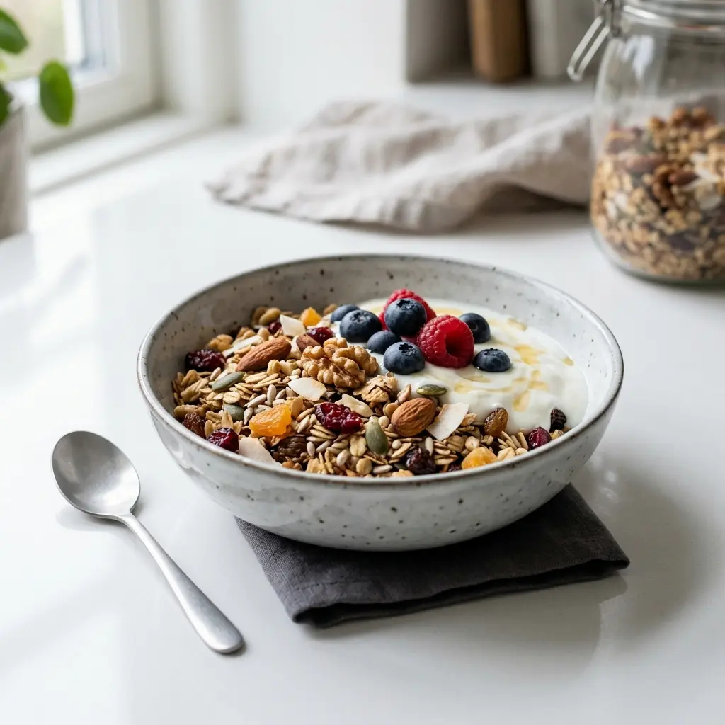 Muesli maison servi comme petit-déjeuner simple