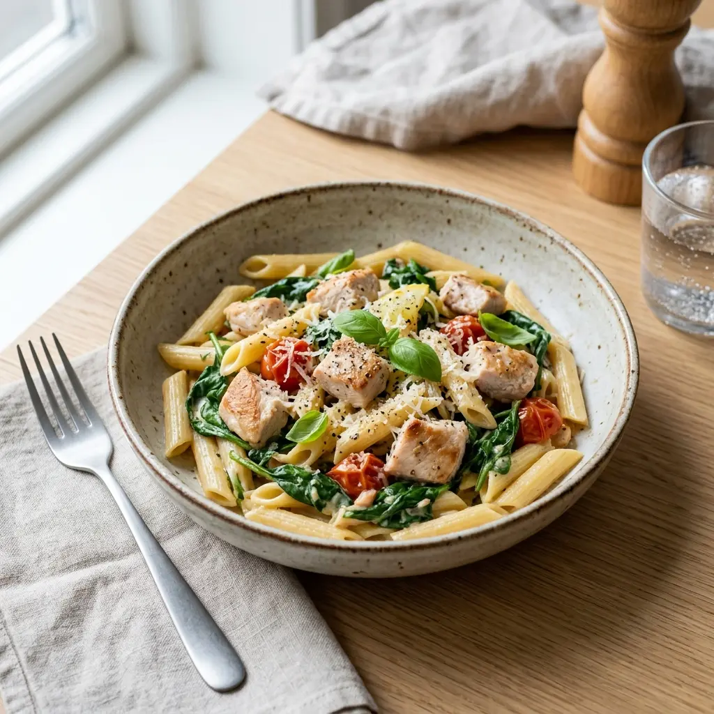 Pâtes à la dinde et aux épinards prêt à servir comme plat maison