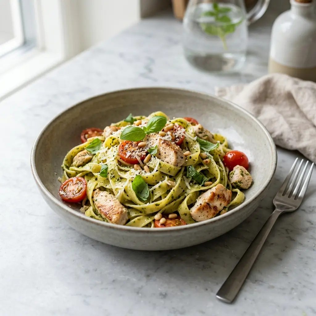 Pâtes au poulet et au pesto présenté dans un bol comme sauce ou accompagnement