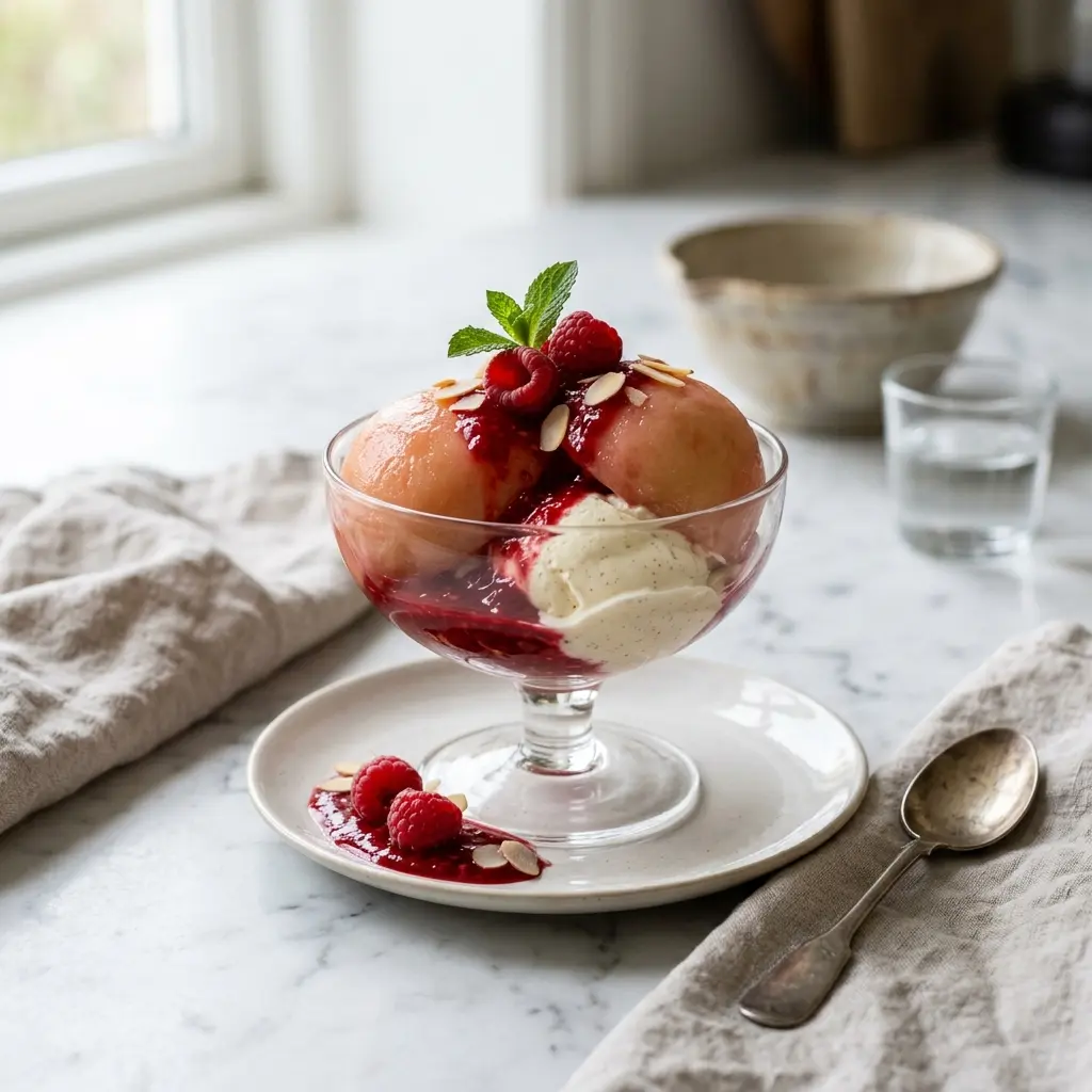 Pêche Melba prêt à servir comme plat maison