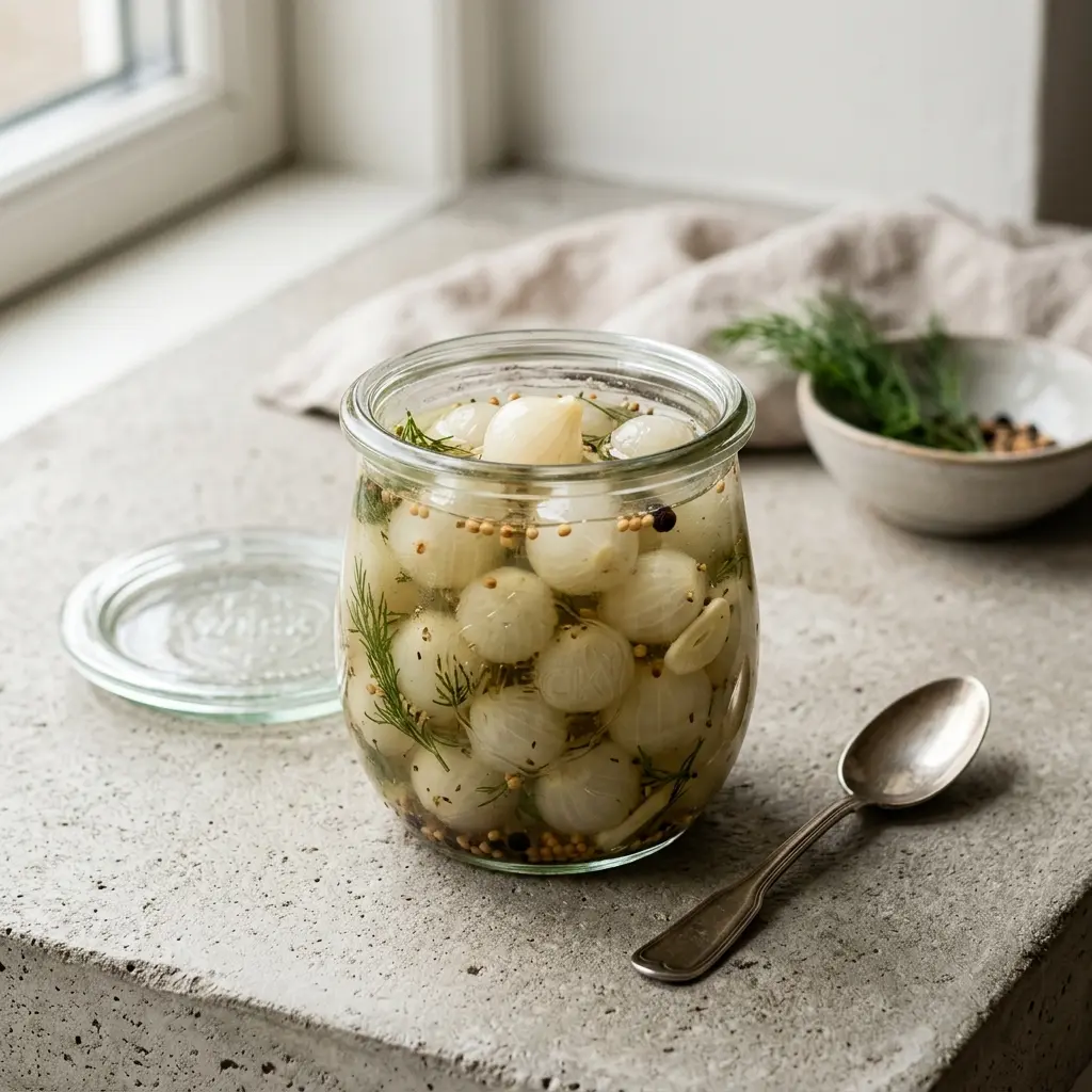 Petits oignons marinés prêt à servir comme plat maison