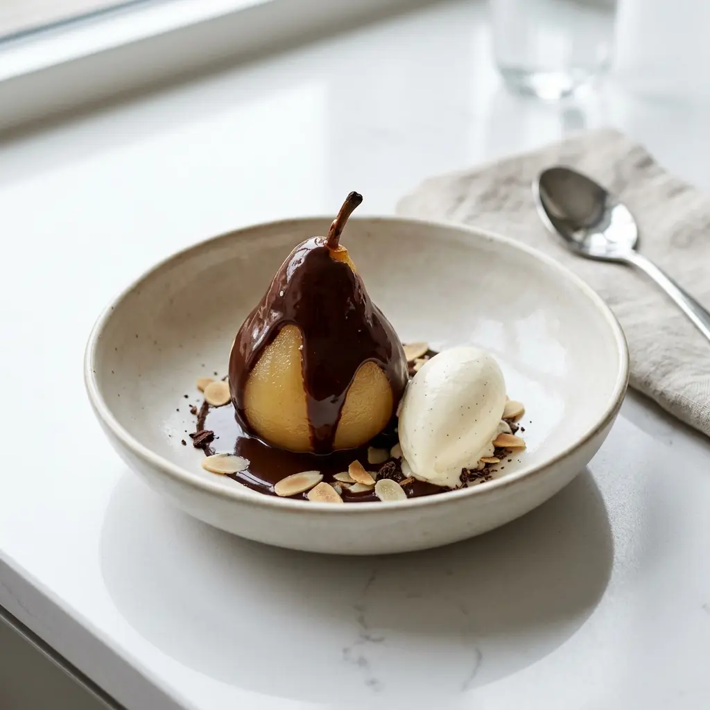 Poire Belle-Hélène prêt à servir comme plat maison