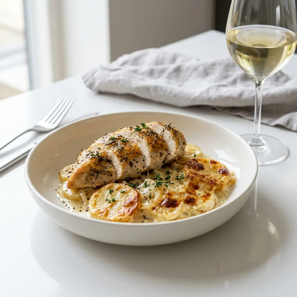 Poulet avec gratin de pommes de terre prêt à servir comme plat maison