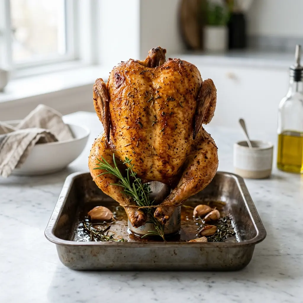 Poulet sur canette prêt à servir comme plat maison