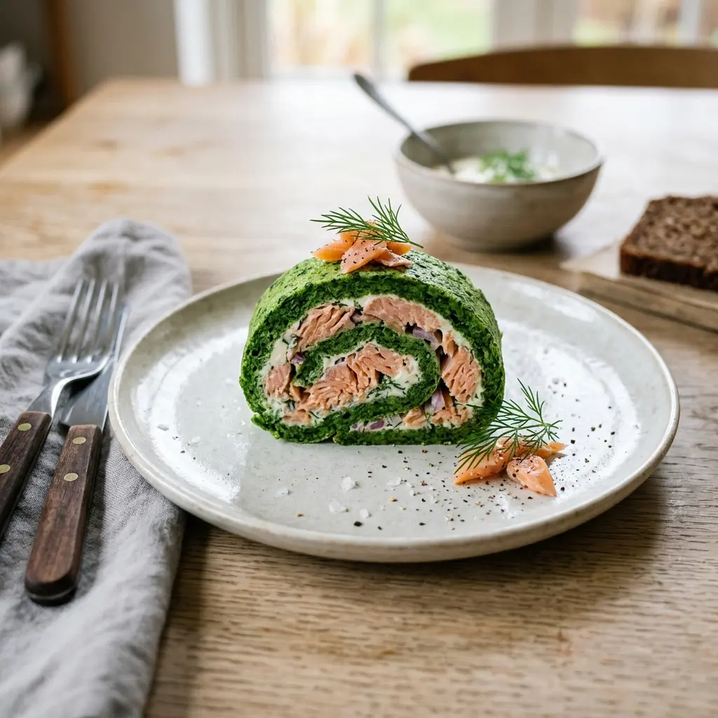 Roulade de saumon aux épinards prêt à servir comme plat maison