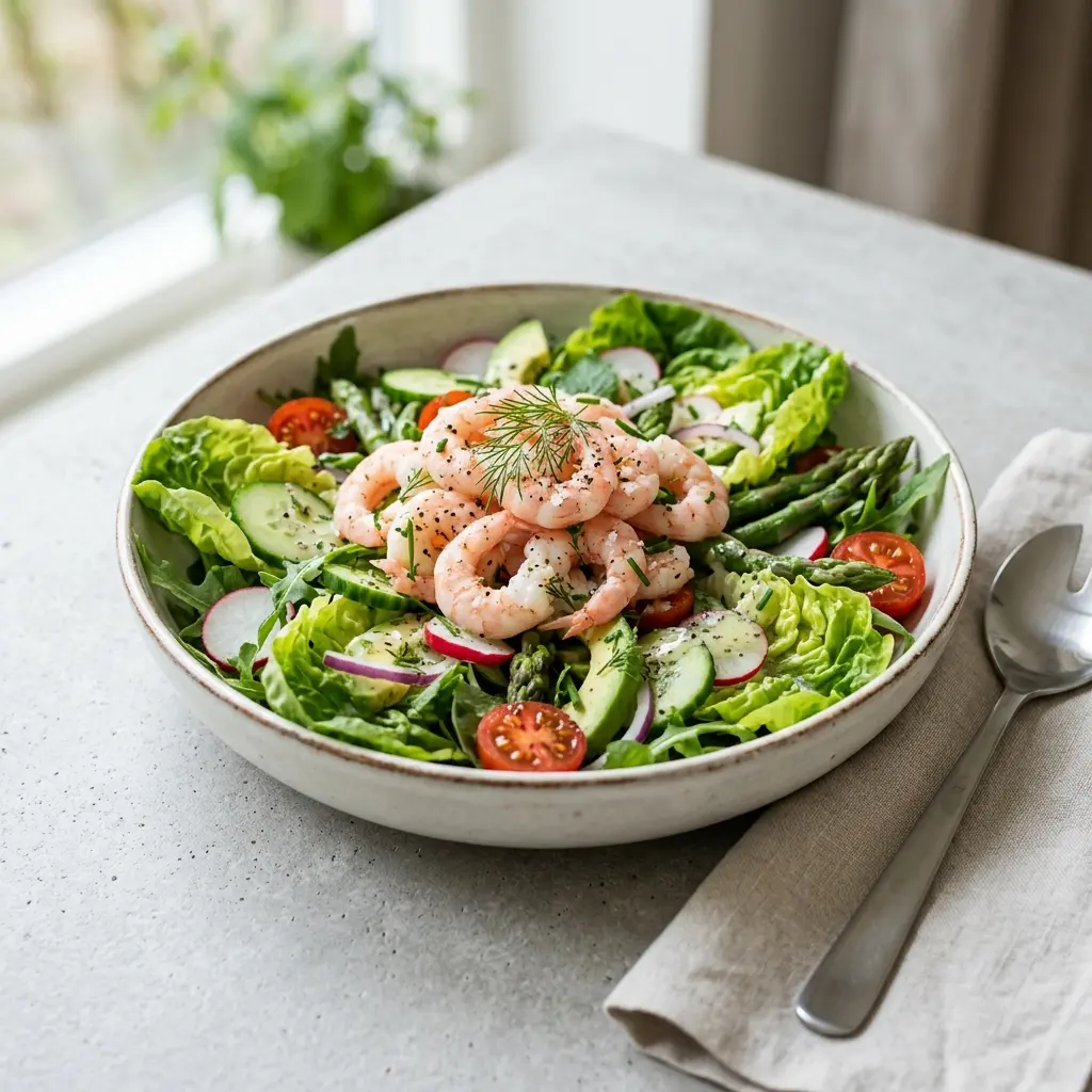 Salade d’été aux crevettes servi en salade fraîche