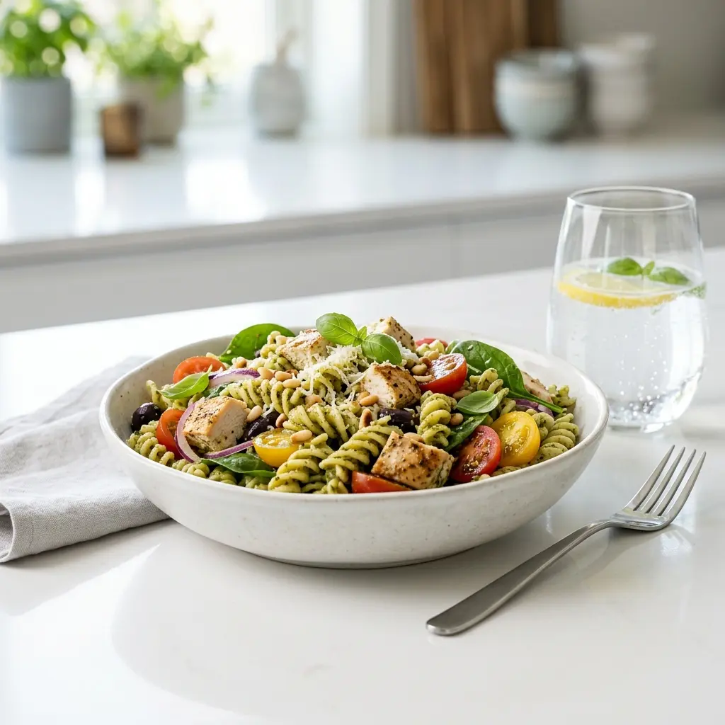 Salade de pâtes au poulet et pesto présenté dans un bol comme sauce ou accompagnement