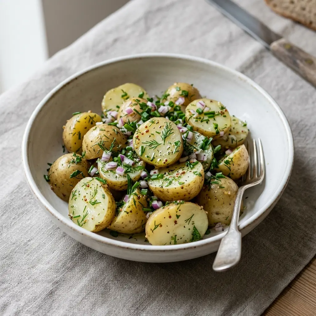 Salade de pommes de terre à la vinaigrette présenté dans un bol comme sauce ou accompagnement