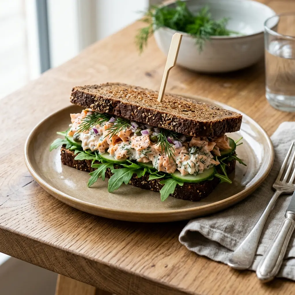 Sandwich à la salade de saumon servi en salade fraîche