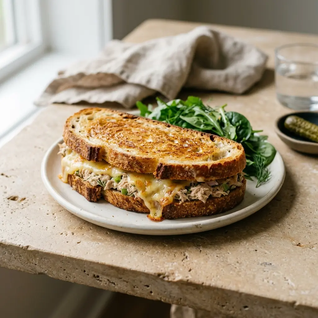 Sandwich chaud au thon et fromage prêt à servir comme plat maison