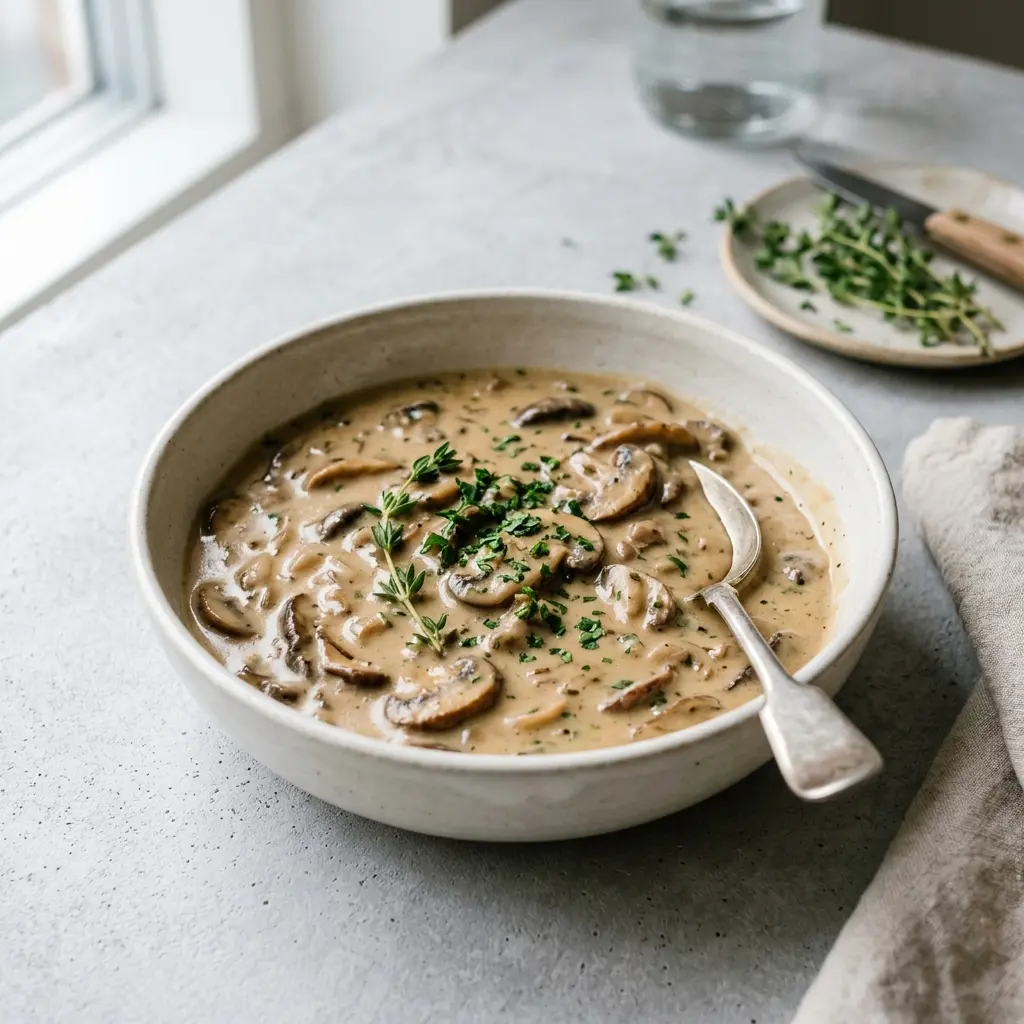 Sauce aux champignons présenté dans un bol comme sauce ou accompagnement