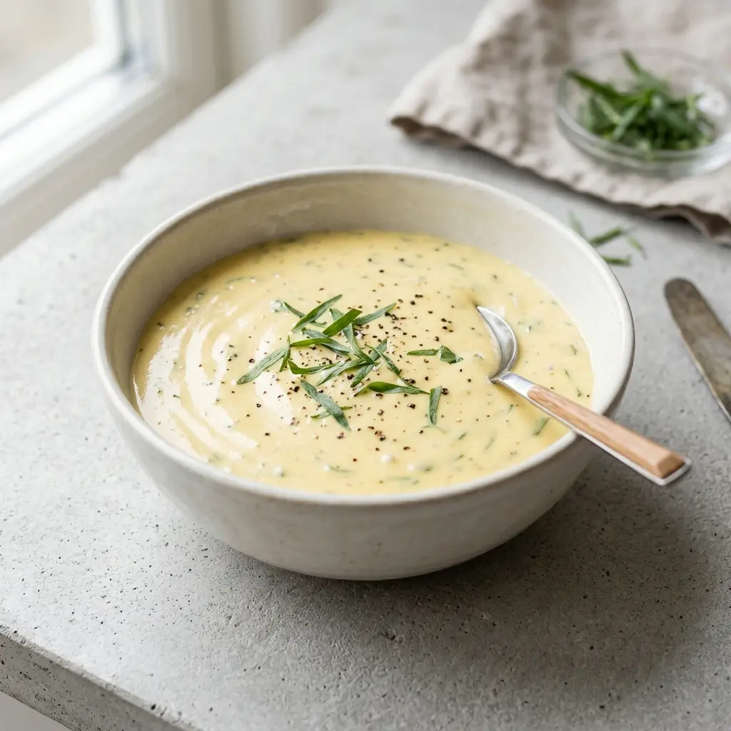 Sauce béarnaise au blender présenté dans un bol comme sauce ou accompagnement